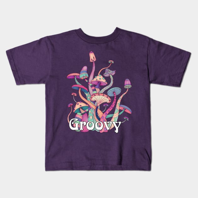 Groovy Retro Mushroom Art Kids T-Shirt by AlondraHanley